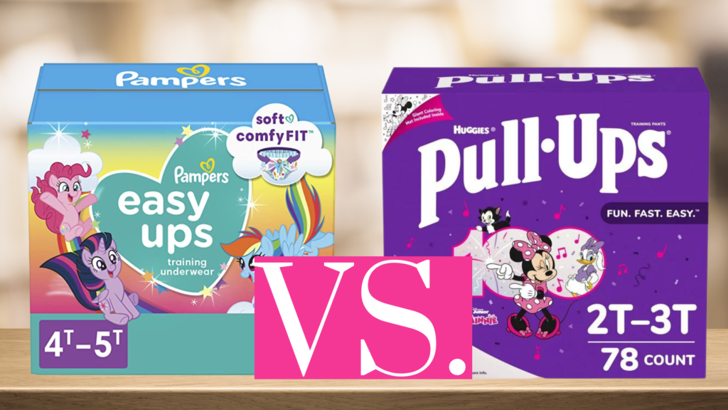Easy Ups Vs. Pull Ups images of diaper boxes with "VS" between them